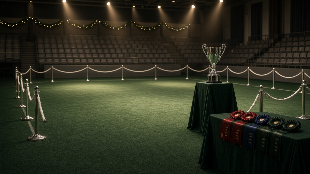 An empty dog show ring with green carpet and rope barriers, a silver trophy on a pedestal, rosette ribbons on a table and empty grandstands under spotlights
