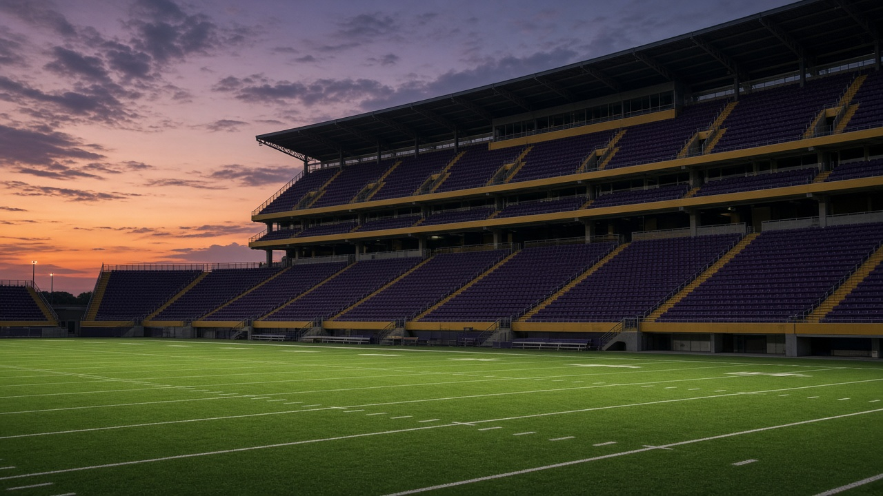 Empty college football stadium at twilight with towering stands of empty seats and a lit green field, no people