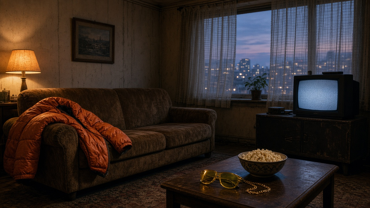 Dim retro living room at dusk with an orange puffer jacket on a sofa, yellow tinted sunglasses and a gold chain on a coffee table, and an old TV glowing by the window