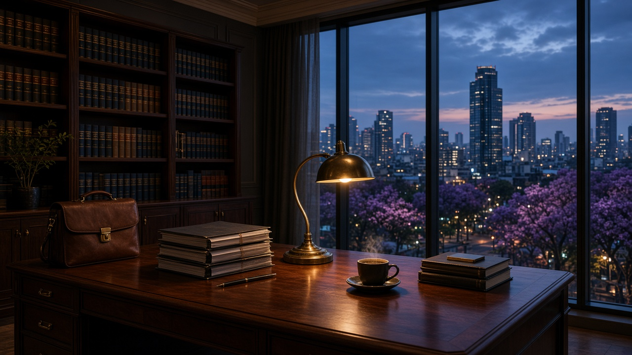 Empty law office at dusk with a dark wood desk, stacked case files, a leather briefcase, a brass lamp and coffee, bookshelves of law volumes and a city skyline with purple jacaranda trees outside the window