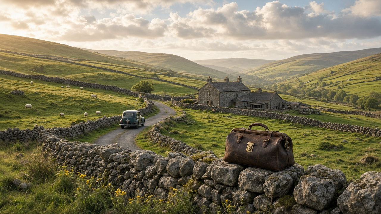 Green Yorkshire Dales hills with dry stone walls, sheep, a stone farmhouse, a vintage car on a lane and a worn leather vet bag on a wall