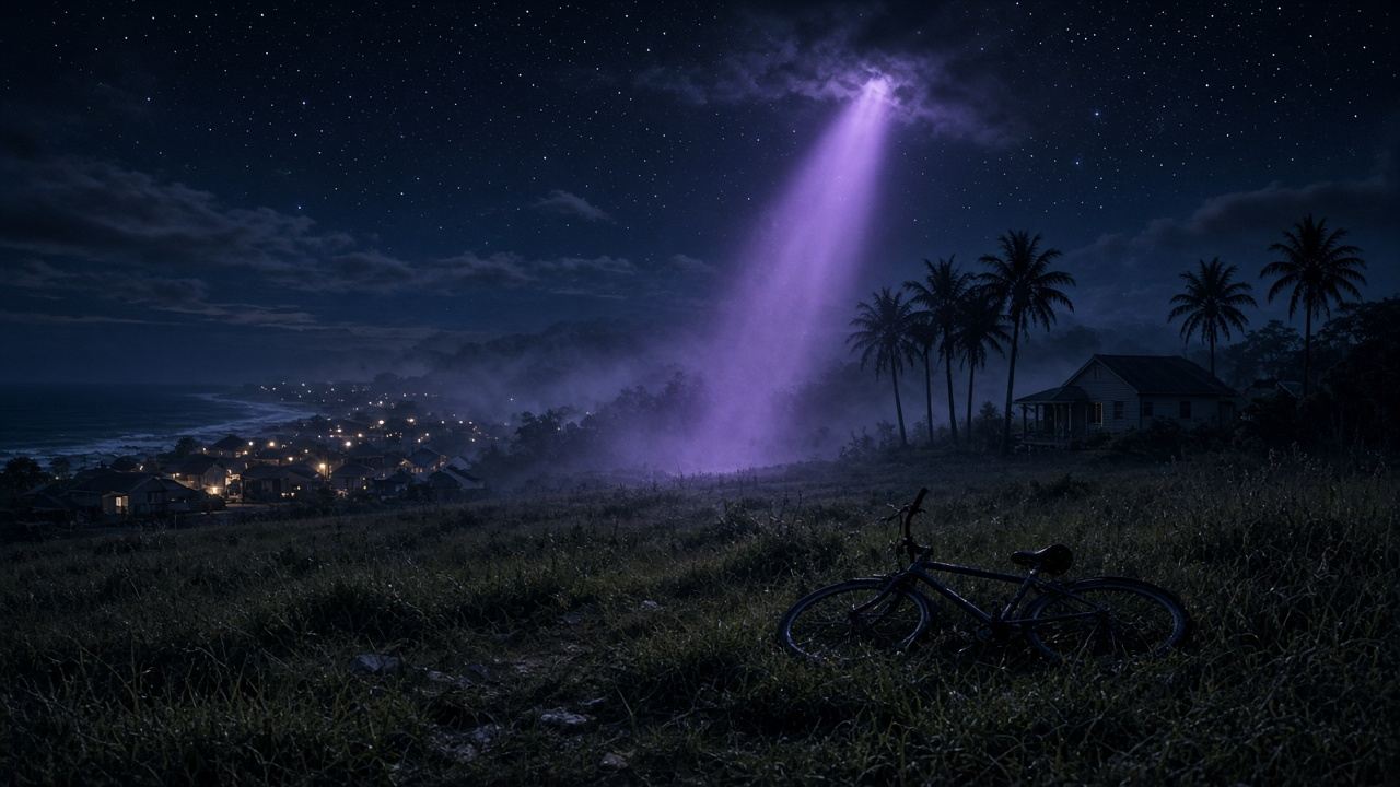 Purple beam of light shining down on a misty grassy field at night above a small coastal town, with a bicycle lying in the grass and palm trees nearby
