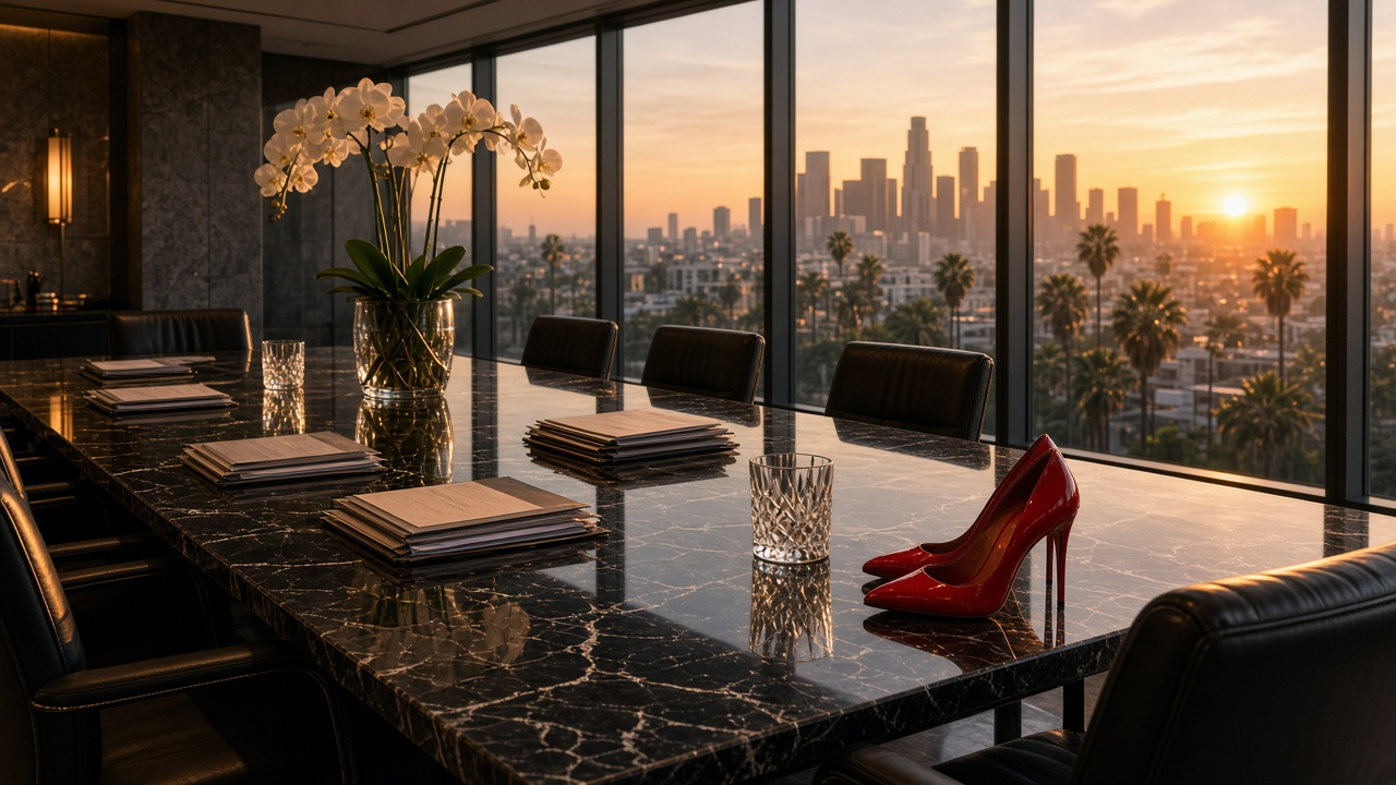 Empty law firm conference room at sunset with a black marble table, stacked folders, a pair of red stiletto heels and white orchids before a city skyline with palm trees, no people, no text, no logos