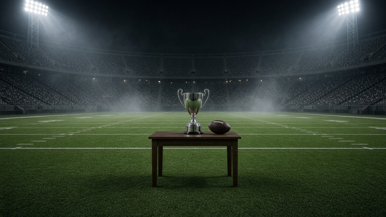 An empty football stadium at night under bright lights with a silver trophy and a football on a wooden table near midfield