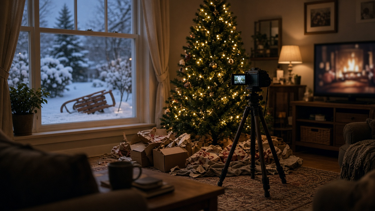 A cozy living room at night with a lit Christmas tree, torn wrapping paper and gift boxes on the rug, a camera on a tripod, and a sled tipped over in the snow outside the window