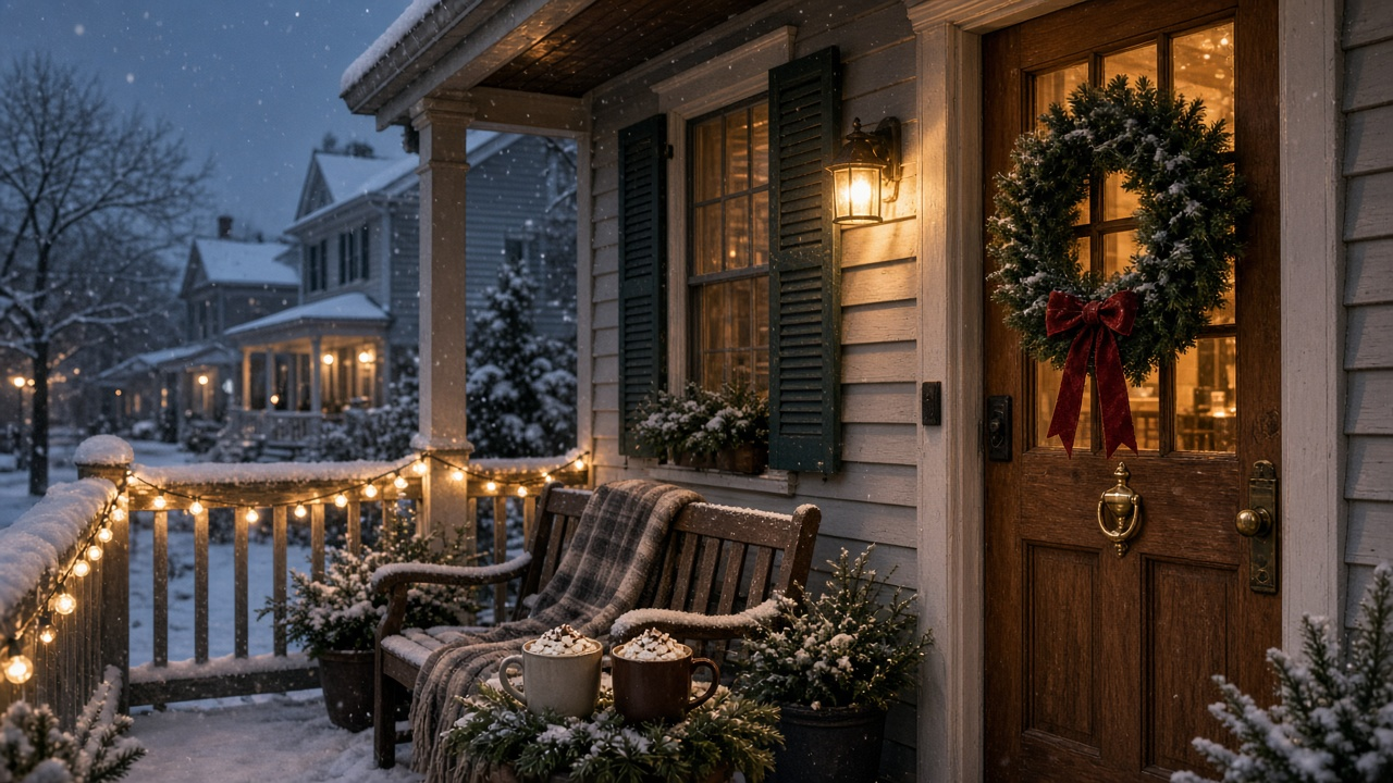 A snowy front porch at twilight with a wreathed wooden door, a brass knocker, string lights and two mugs of cocoa on a bench
