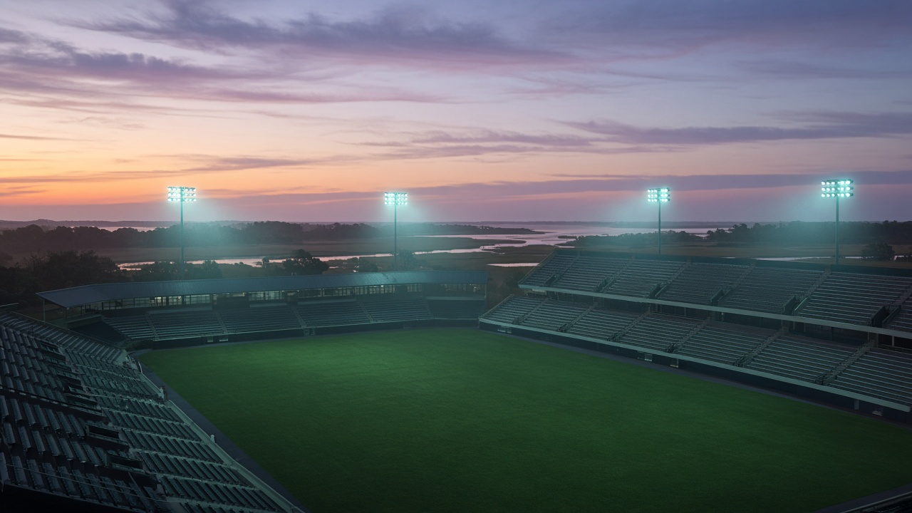 Empty coastal college football stadium at dusk with teal-tinted evening lights over empty turf, humid marsh air and soft violet sky beyond the stands, no people or logos