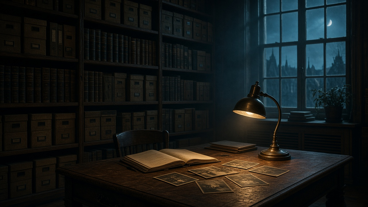 A dim archive room at night with shelves of file boxes, an open folder and old photos on a desk under a brass lamp, and a moonlit window