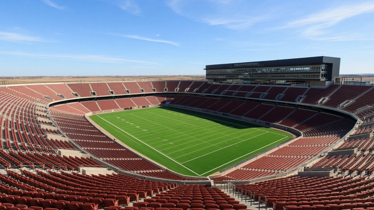 An empty college football stadium bowl with rust-red seats around a bright green field, lit by strong afternoon sun under a wide, open West Texas sky