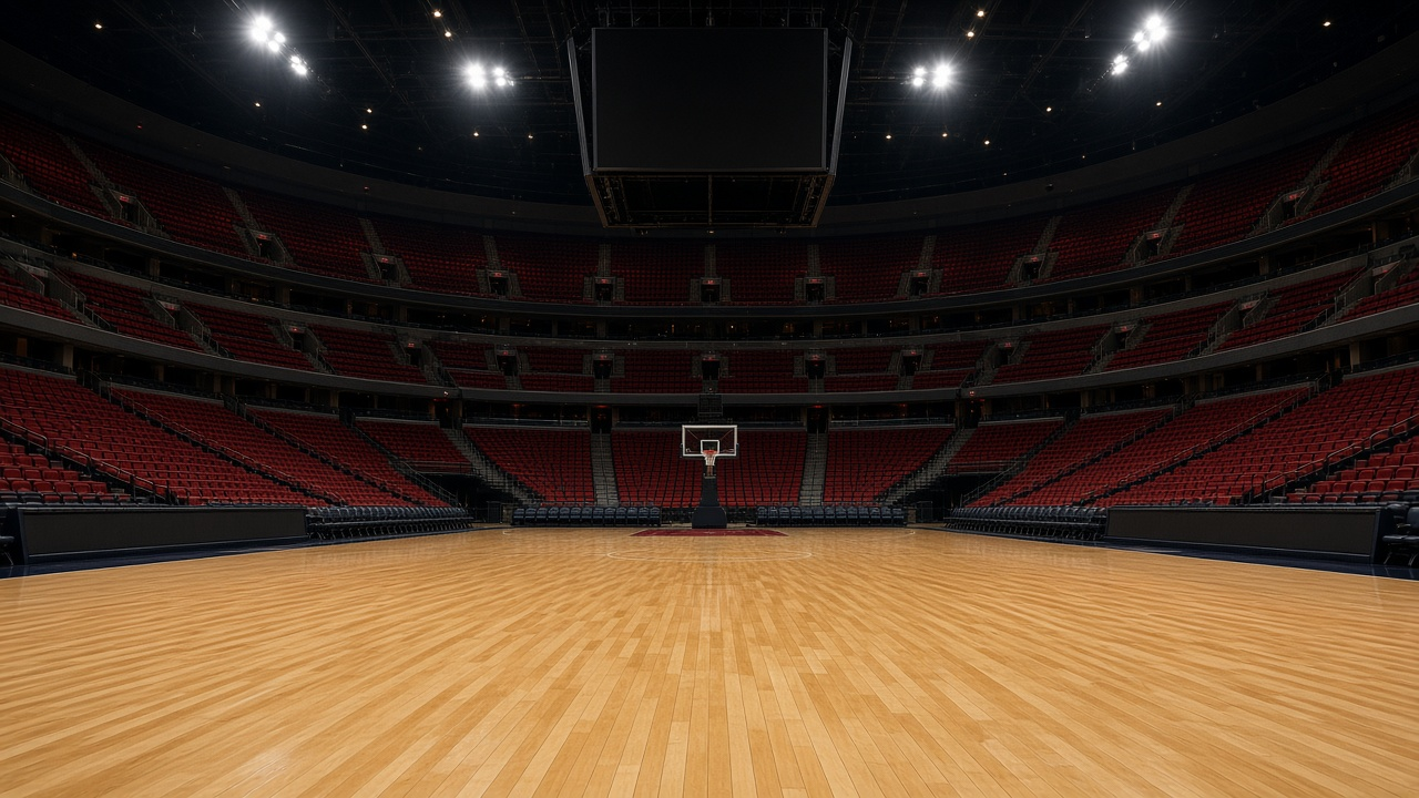 Empty arena with a glossy basketball court and red seats, no people