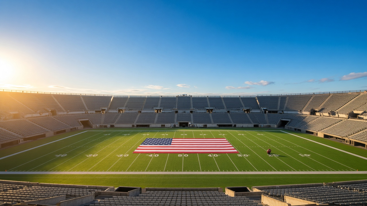 An empty pro football stadium on a clear December afternoon with a large American flag spread across midfield and a football on a tee
