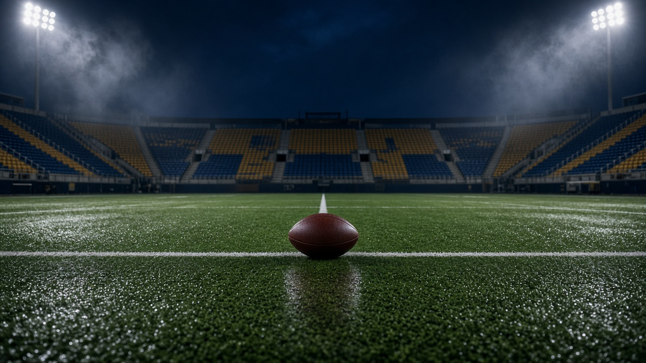 Football on the white midfield line of wet turf in an empty stadium under bright lights and mist at night, no people
