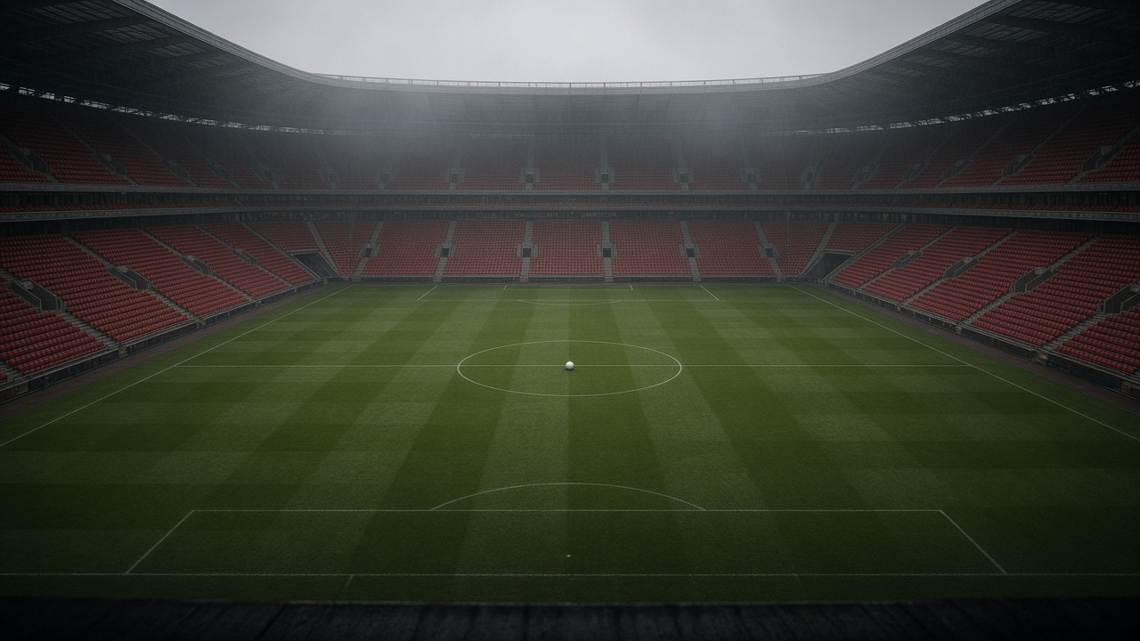 Empty football stadium with steep tiers of red seats on a grey drizzly autumn morning, wet striped pitch and a ball on the center circle, no people, no text, no logos
