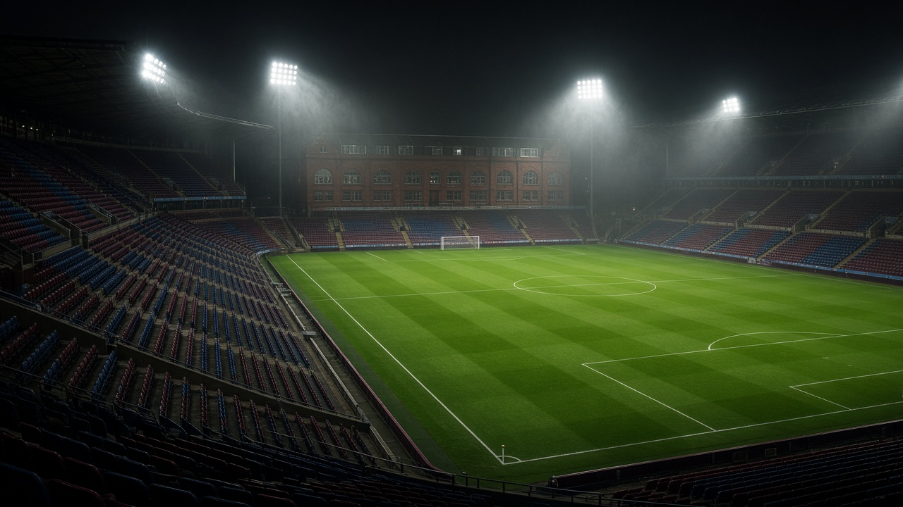 Empty floodlit soccer stadium with a striped green pitch and claret seats, no people