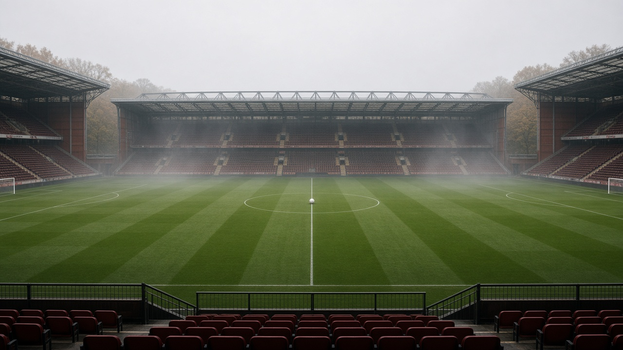 Empty floodlit English soccer stadium on an overcast autumn morning, red-brick stands, freshly striped pitch, ball on the center spot, no people