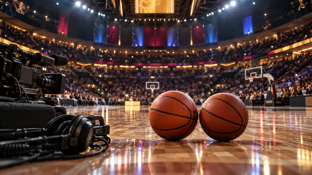 Two basketballs and broadcast equipment courtside in a packed arena