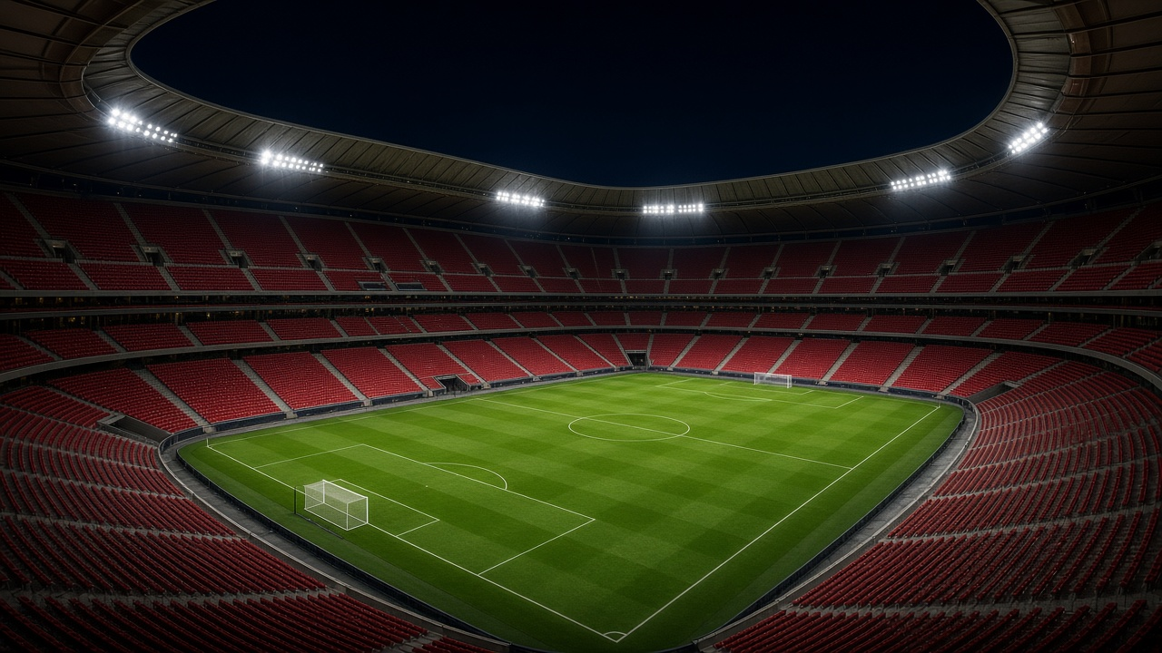 Empty large football stadium at night under floodlights with a red seating bowl and a green pitch, no people