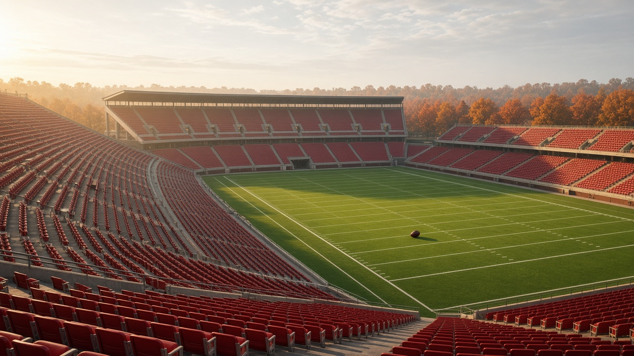 An empty college football stadium with crimson seats at golden late-afternoon light, a football resting on the field near midfield
