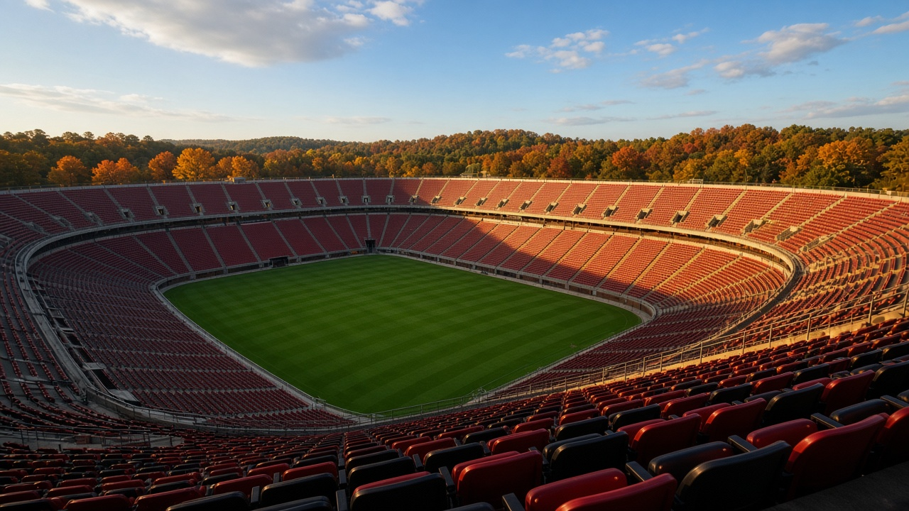 Empty college football stadium bowl in warm late-afternoon autumn light, with red and black seats, a green field and fall trees beyond the upper deck