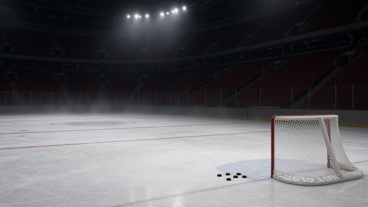 Empty modern hockey arena at night with freshly resurfaced ice, red center line and blue lines, a hockey net with white mesh, a few black pucks near the crease and empty seats under bright arena lights, no people