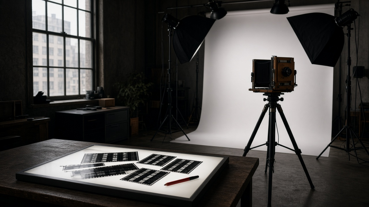 An empty photography studio with a white paper backdrop, softbox lights, a vintage wooden view camera on a tripod and a lightbox covered in film negatives, no people, no text, no logos