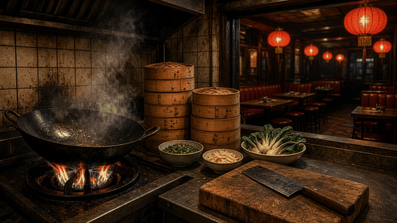 Vintage Cantonese restaurant kitchen at night with a wok over a blue gas flame, stacked bamboo steamers, bok choy, a cleaver on a chopping block and red lanterns over empty red booths, no people, no text, no logos