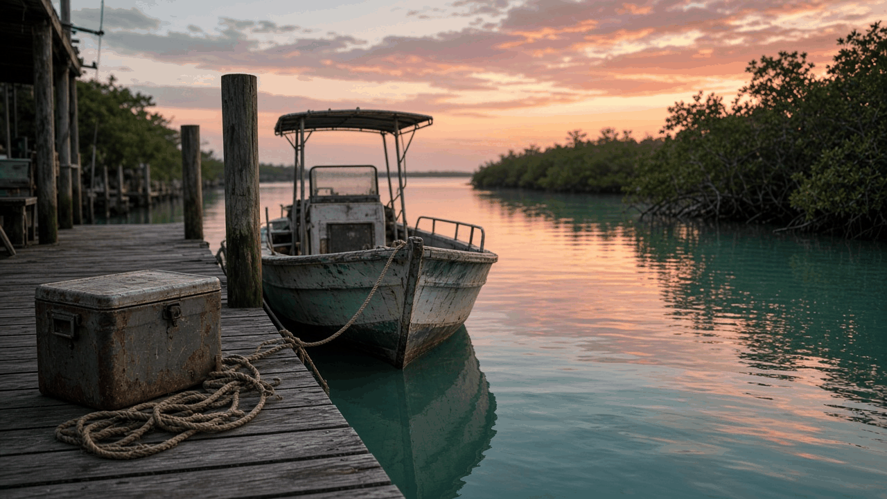 Weathered wooden dock in the Florida Keys at sunset with a small fishing boat, mangroves and turquoise water, no people, no text, no logos