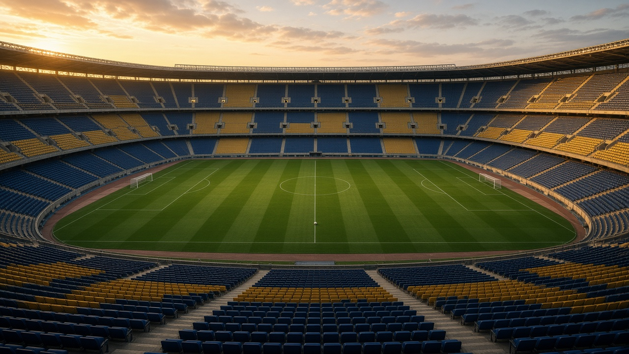 Empty Spanish soccer stadium at golden hour, vast steep tiers of seats, striped pitch, ball on the center spot, warm sunset light, no people