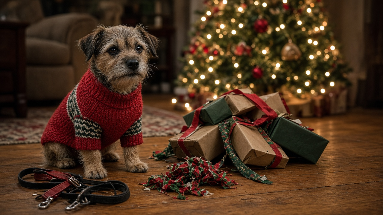Scruffy small dog in a red holiday sweater beside a tangled leash and wrapped gifts in a cozy decorated home, no people