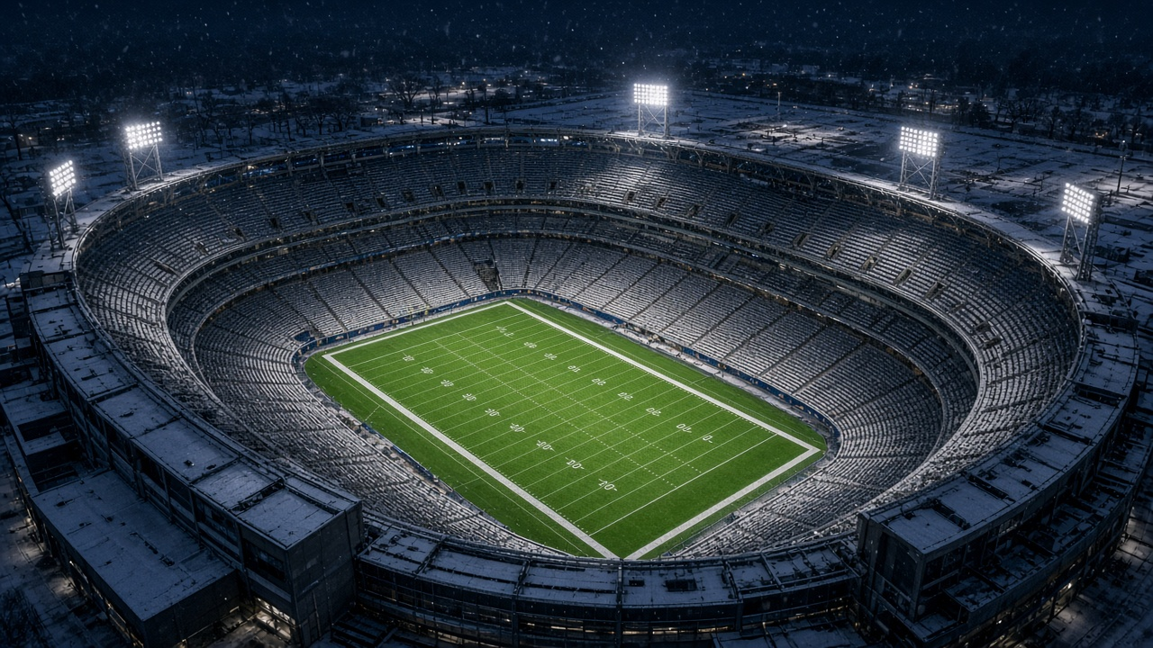 Snowy open-air football stadium lit up under a dark winter night sky, no people