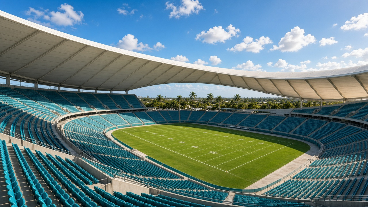 Empty open-air football stadium with a large canopy roof under a sunny South Florida sky with palm trees, no people