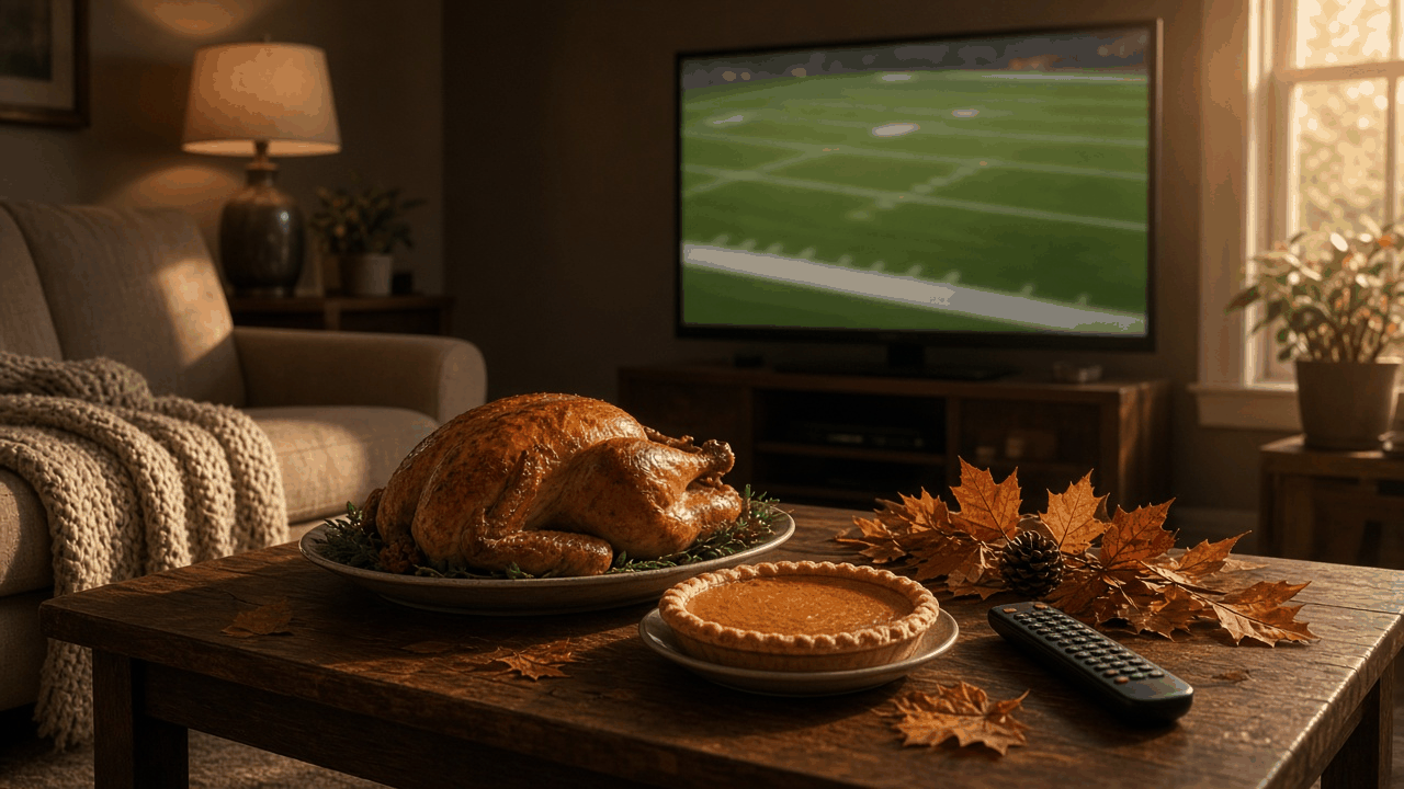 Cozy living room on Thanksgiving with a football game on the TV, a roast turkey, pumpkin pie and a remote on the coffee table, no people, no text, no logos