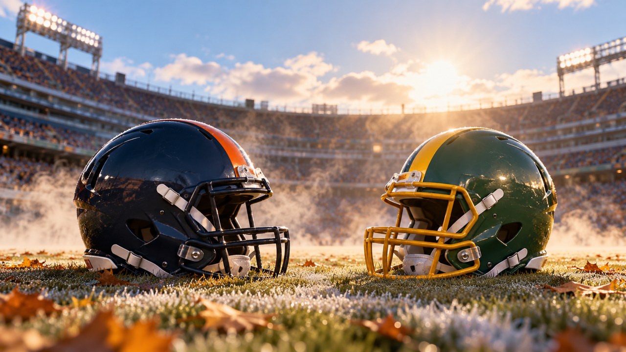 Navy and orange and green and gold football helmets in a cold afternoon stadium