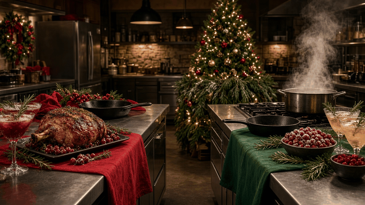 Festive holiday party kitchen with two cooking stations draped in red and green, a roasted holiday ham, sugared cranberries, rosemary cocktails and a lit Christmas tree, no people, no text, no logos