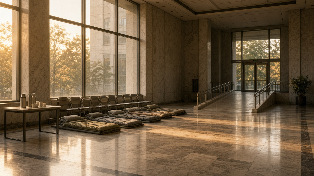 Empty marble lobby of a 1970s federal office building at golden hour with sleeping pads along the wall, folding chairs, thermoses on a table and an accessible ramp to the entrance