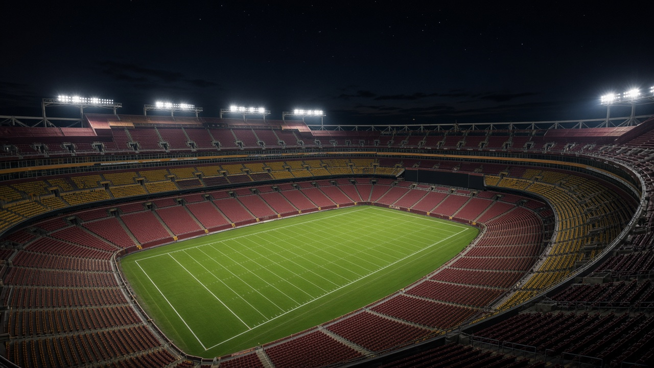 Empty football stadium at night with a lit field and burgundy seats, no people