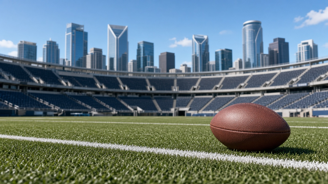 A football on a white yard line in an empty stadium with a glass city skyline beyond under a blue winter sky