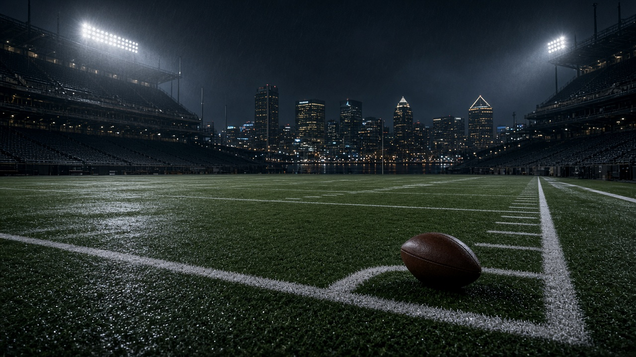 Empty open-air football stadium with purple seats and a football resting at midfield, the Baltimore skyline and autumn trees beyond the upper deck