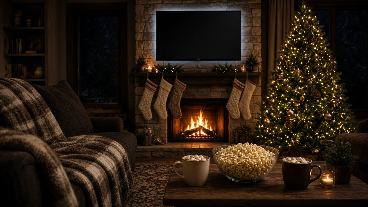 A cozy living room at night with a fireplace, stockings, a lit Christmas tree, popcorn and cocoa in front of a television