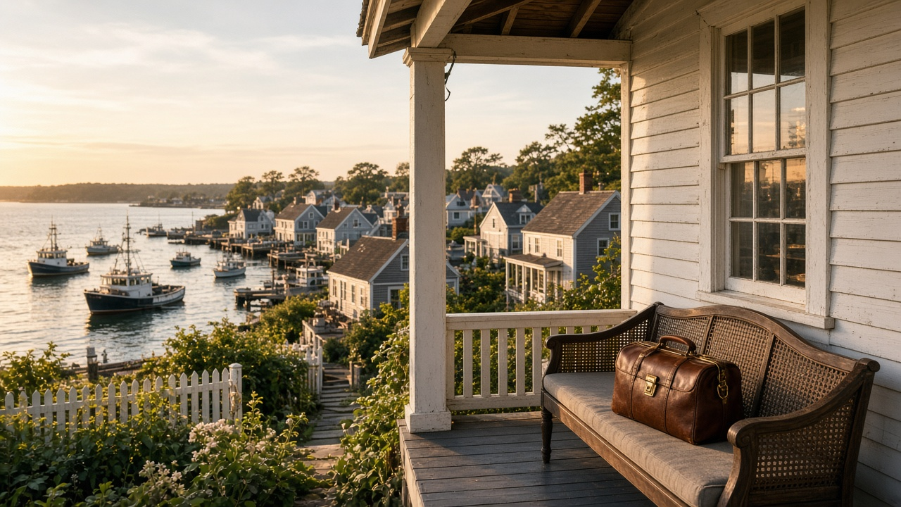 Seaside fishing village harbor at golden hour seen from a white cottage porch with a wicker bench and a leather doctor's bag