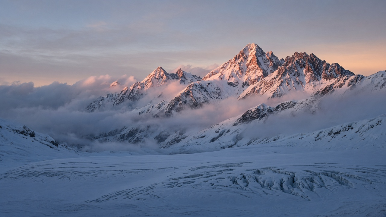 Snow-covered Andes peaks lit pink and gold at dawn above drifting clouds and a wide glacier field
