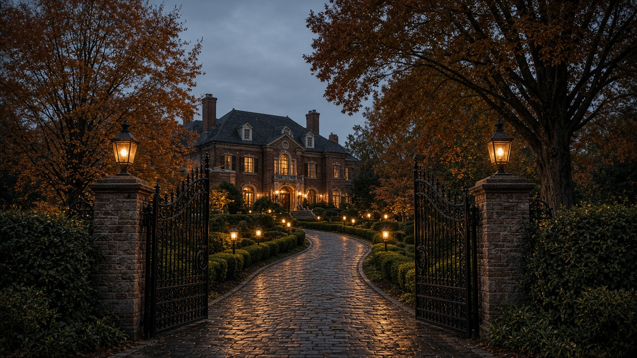 Wrought-iron gates open onto a lantern-lit driveway leading to a brick mansion at dusk