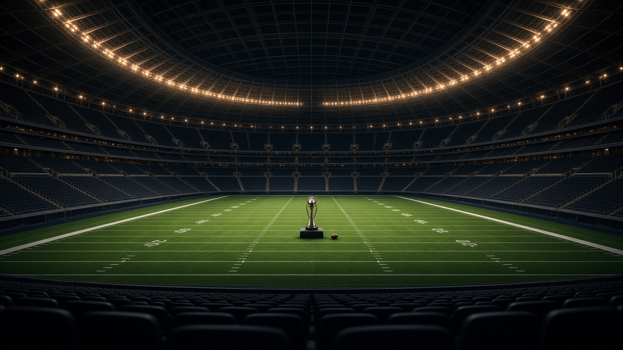 An empty domed football stadium at night with the roof closed, a silver trophy and a football at midfield