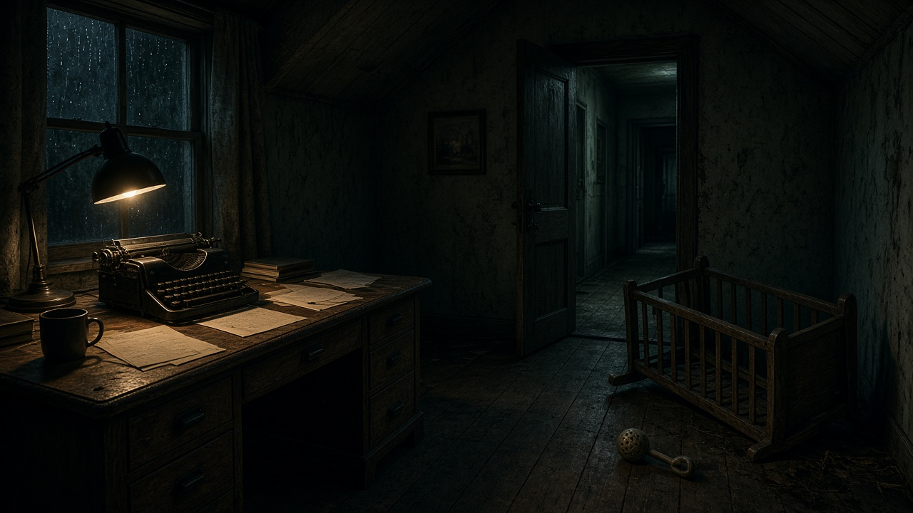 A dark attic writing room at night with a typewriter under a desk lamp, an old wooden crib and a rattle on the floor by an open door