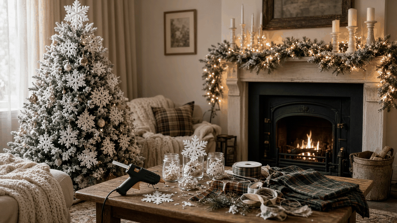Cozy living room being decorated for Christmas on a budget with a white flocked tree, paper snowflakes, tartan fabric, ribbon, a glue gun and a garland-draped fireplace, no people, no text, no logos
