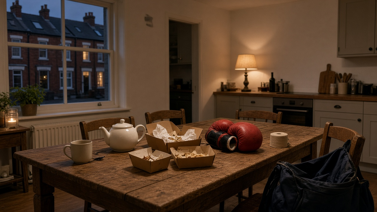 Cozy English kitchen-diner at evening with a wooden table holding a teapot, mugs, takeaway boxes and red boxing gloves, a gym bag on a chair and red-brick terraced houses outside the window