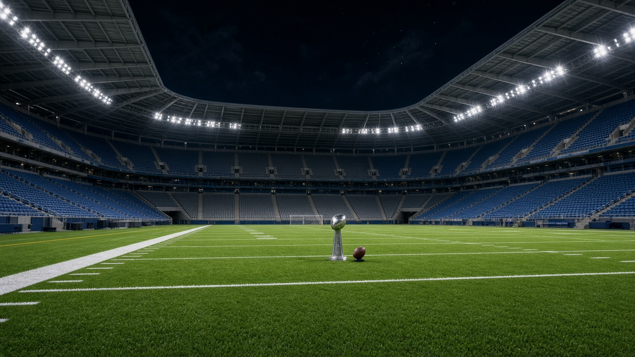An empty indoor football stadium at night with blue seats, a silver trophy near midfield and a football on a tee