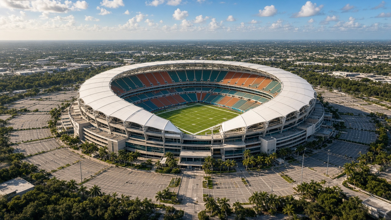 Open-air football stadium with a white canopy roof under palm trees and a bright winter sky, no people