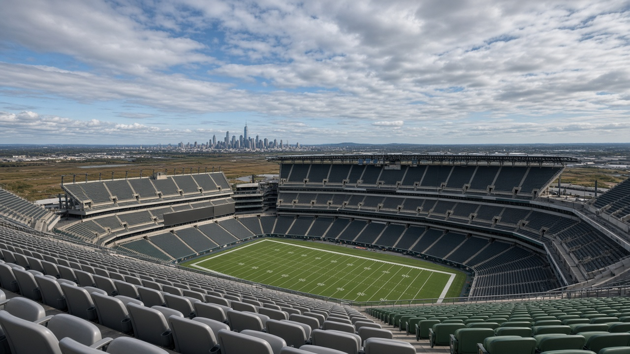Empty open-air football stadium with a city skyline on the horizon on a cool autumn afternoon, no people