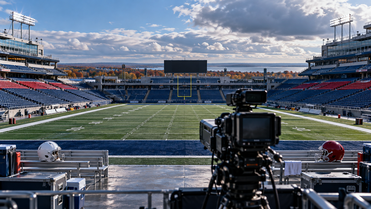 Open-air football stadium in western New York with broadcast cameras and unbranded helmets